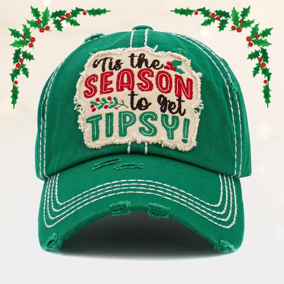Tis The Season to Get Tipsy Distressed Denim Vintage Baseball Cap/Holiday Cap - Picture 3 of 5